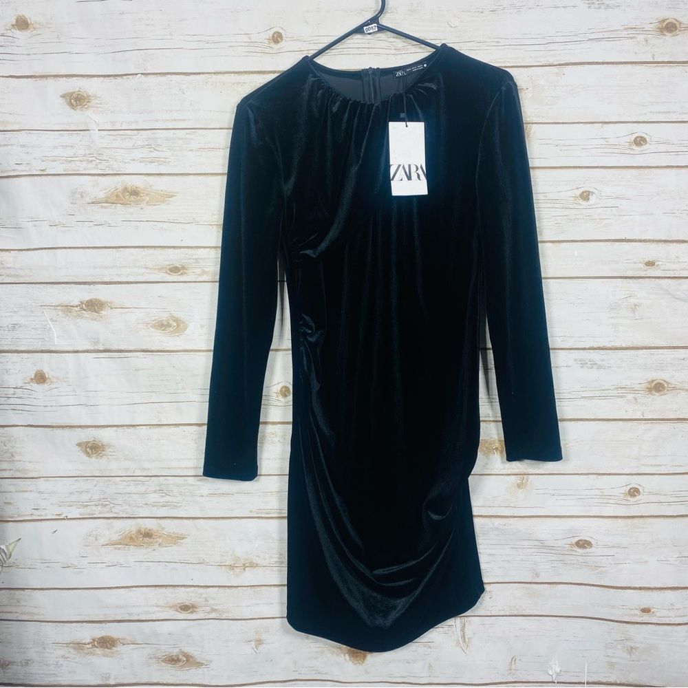 Zara Elegant Black Long Sleeve Gathered Side,‎ Back Zipper Dress size M